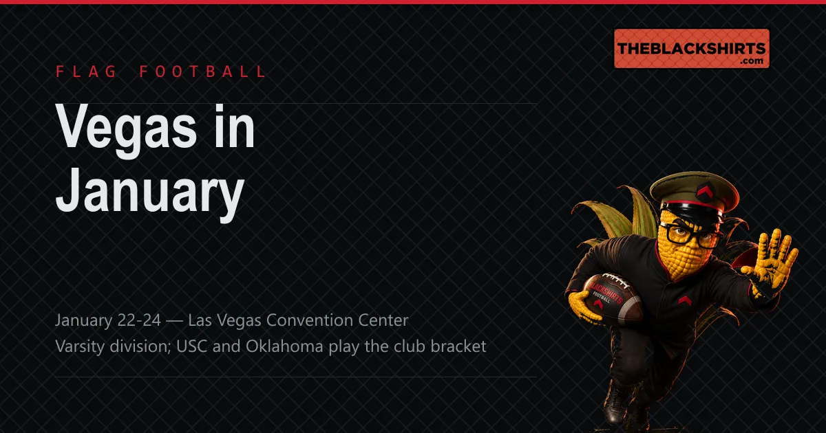 A card reading Vegas in January, noting January 22-24 at the Las Vegas Convention Center and that Nebraska is in the varsity division while USC and Oklahoma play the club bracket, with Colonel Kernel carrying a football and throwing a stiff-arm at the right.