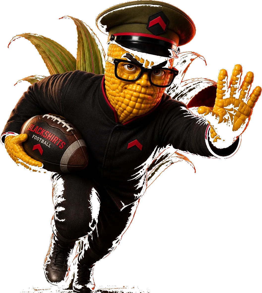 Colonel Kernel carrying a football and throwing a stiff-arm.