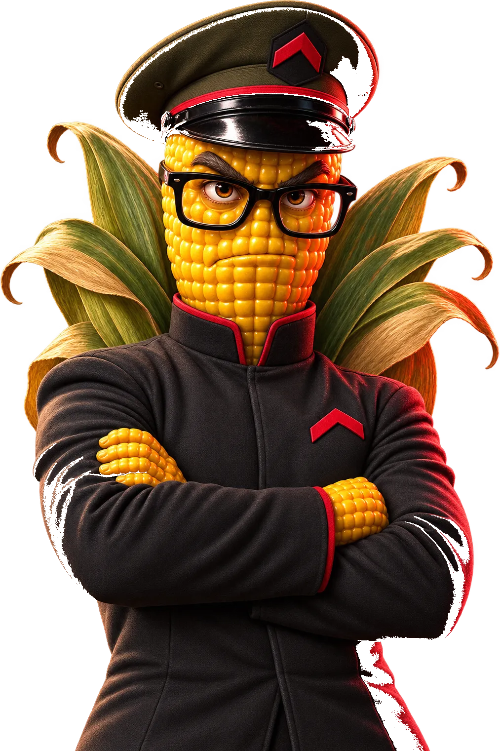 Colonel Kernel — an ear of corn in an officer's cap and black-rim glasses, arms folded.