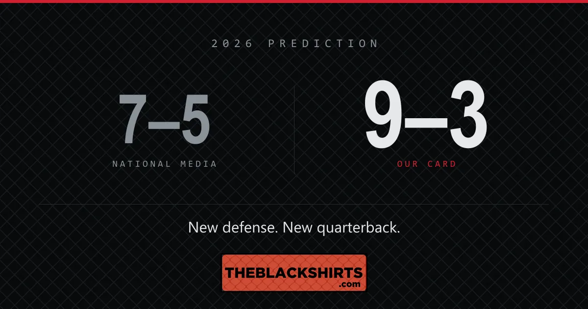 A card comparing two records: 7-5 labelled national media in grey, and 9-3 labelled our card in white, above the line New defense. New quarterback.