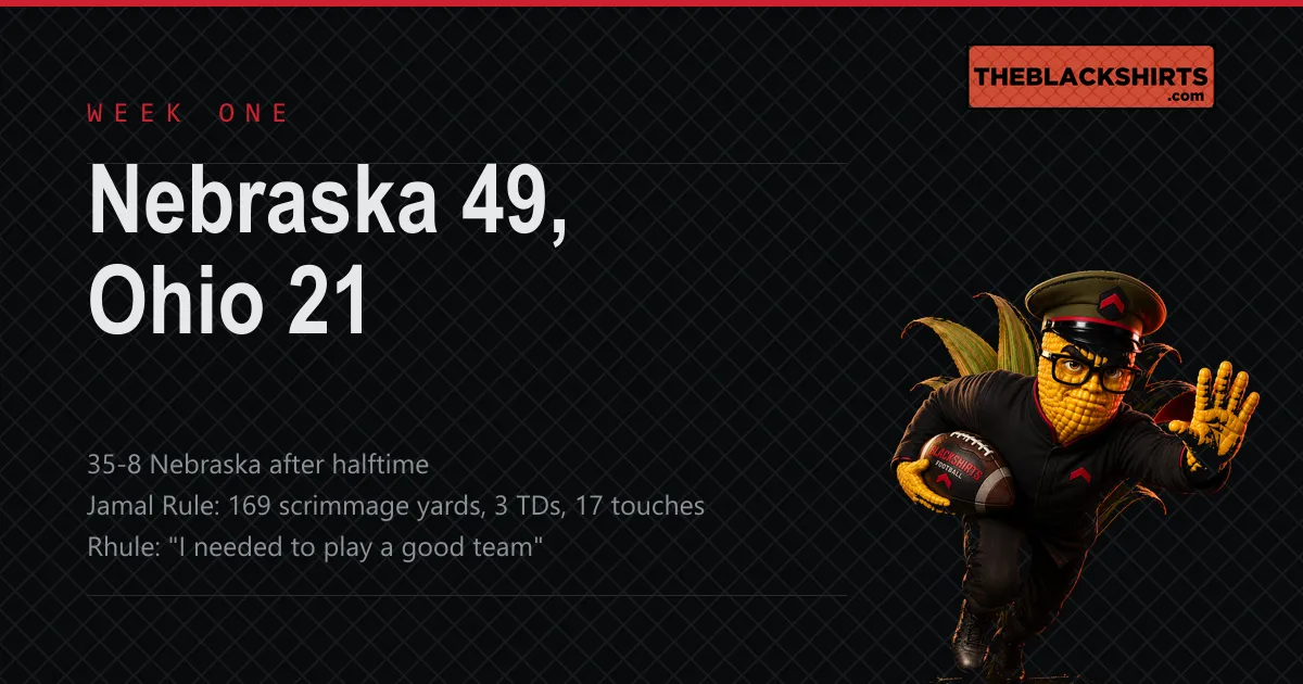 A card reading Nebraska 49, Ohio 21, noting Nebraska outscored Ohio 35-8 after halftime, that Jamal Rule had 169 scrimmage yards and three touchdowns on 17 touches, and Matt Rhule saying he needed to play a good team, with Colonel Kernel carrying a football at the right.