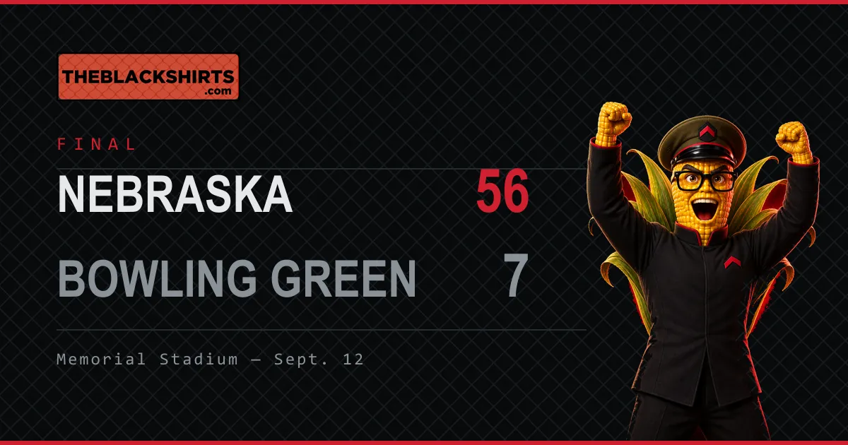 A final-score card reading Nebraska 56, Bowling Green 7 at Memorial Stadium.