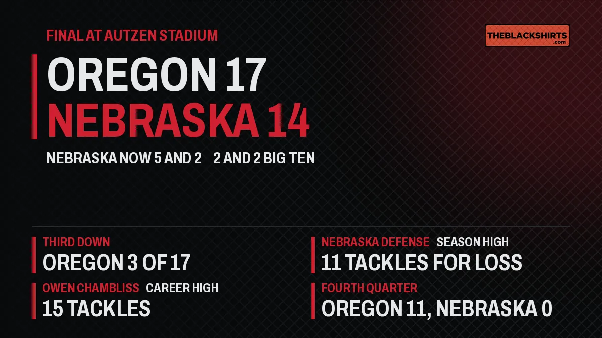 Graphic reading Final at Autzen Stadium, Oregon 17, Nebraska 14, with third down, tackles for loss, career high tackles and fourth quarter scoring totals.