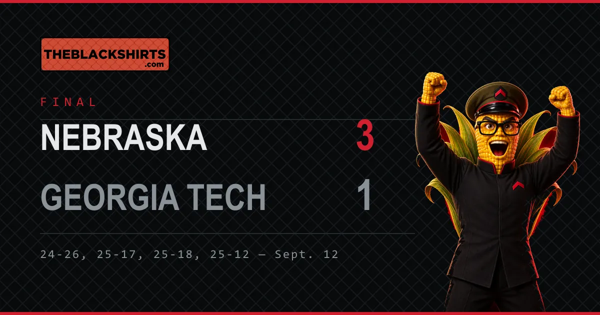 A final-score card reading Nebraska 3, Georgia Tech 1, with set scores 24-26, 25-17, 25-18, 25-12.