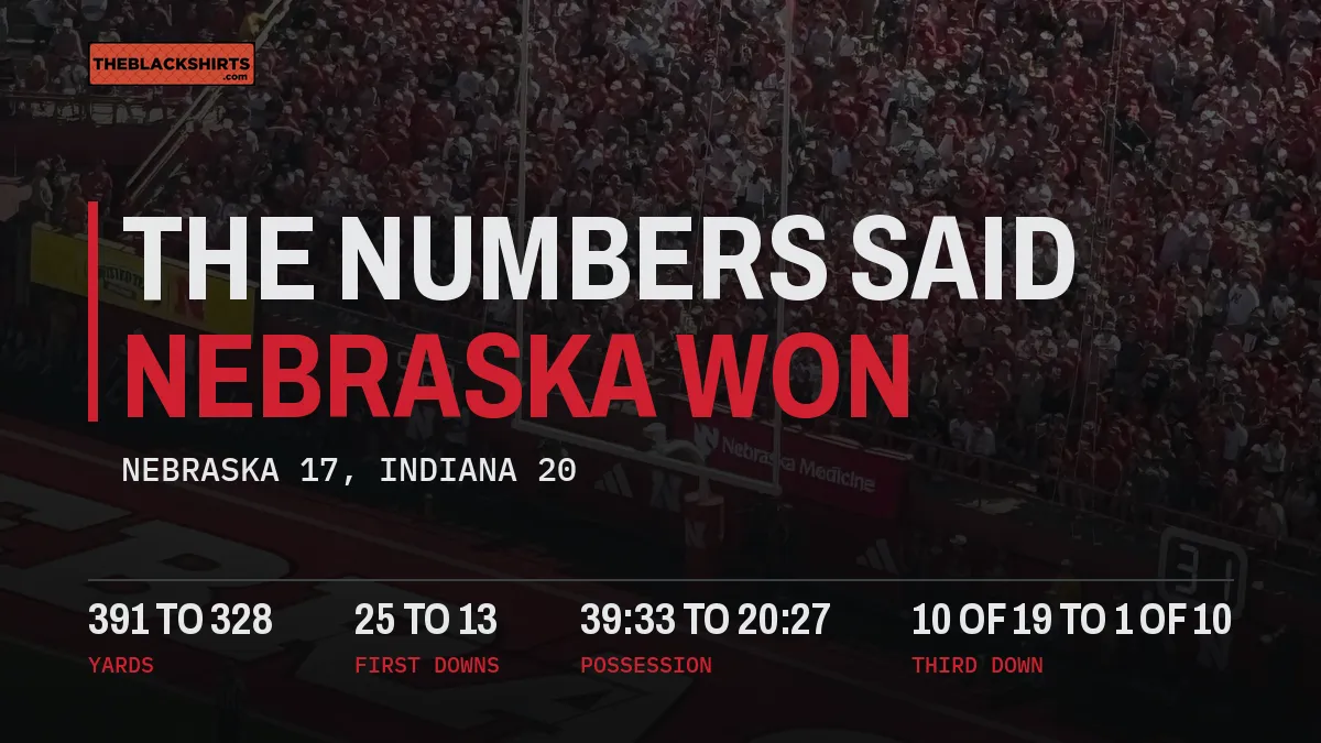 Graphic reading The Numbers Said Nebraska Won, Nebraska 17, Indiana 20, with yards, first downs, possession and third down totals.