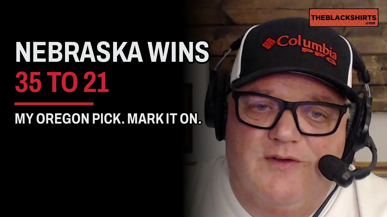 Denny Paulsen in a black shirt and headset beside a prediction graphic reading Nebraska 35, Oregon 21.