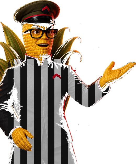 Colonel Kernel in a referee's striped shirt, holding a folded paper triangle.